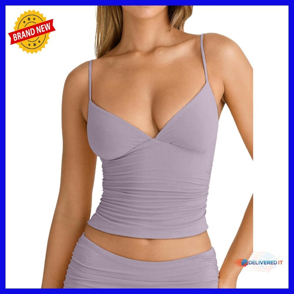 Fitted Crop Tank Top with Ruched V-Neck Adjustable Straps